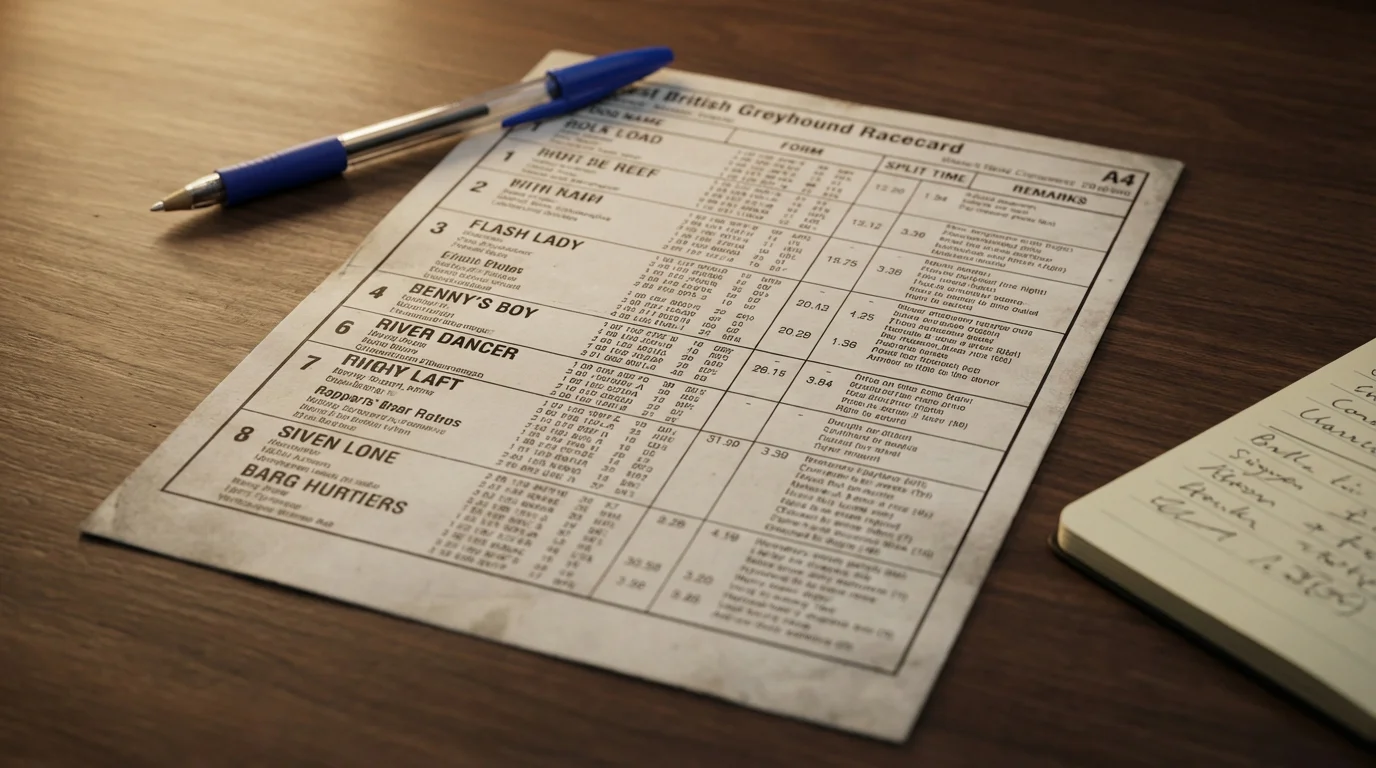 Close-up of a printed UK greyhound racecard showing form lines, trap numbers and calculated times