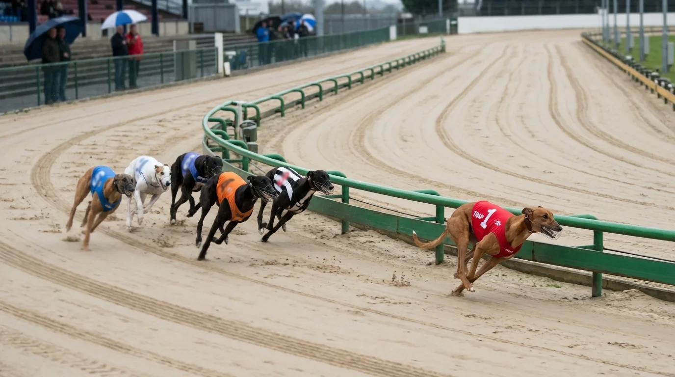 Six greyhounds racing into the first bend at a UK track with the leader holding the inside rail