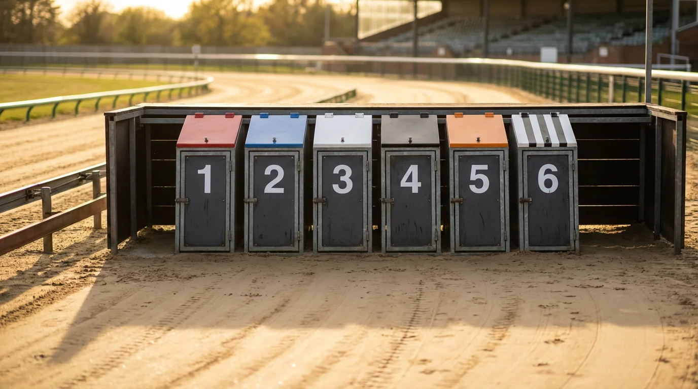 Six numbered greyhound starting traps with coloured lids at a UK racing stadium before a race