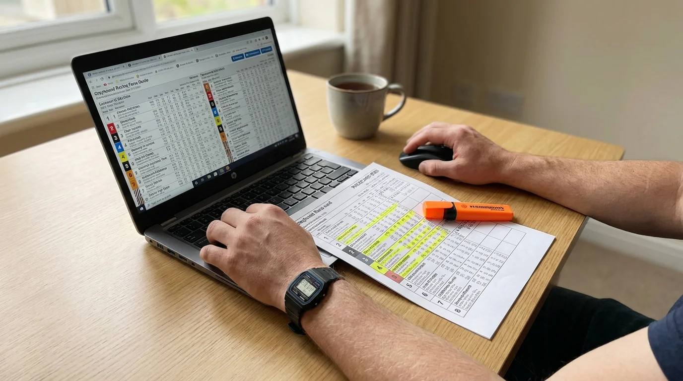 Punter analysing greyhound form data on a laptop with a racecard printout on the desk beside it