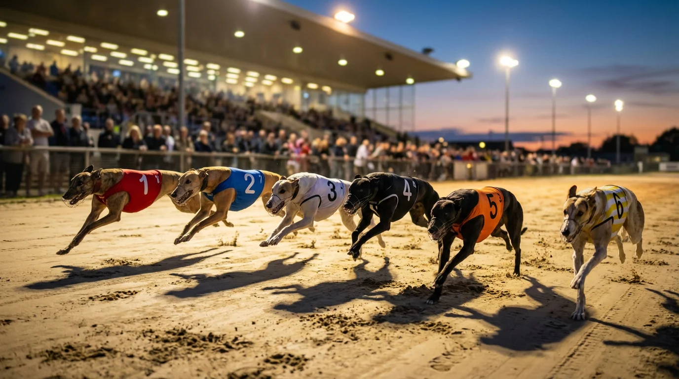 Greyhound racing at a UK stadium under floodlights with six dogs sprinting on the sand track