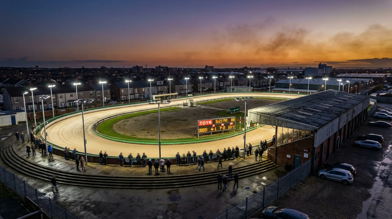 Aerial view of a UK greyhound racing stadium during an evening meeting with floodlights illuminating the track